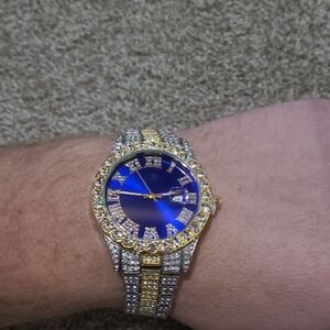 Iced Out Two-Tone Blue Dial Watch – Roman Numerals & Crystal Accents